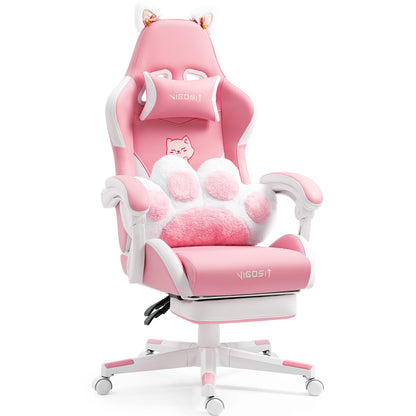 Cat Ears Pink Gaming Chair - Pink PU Leather Ergonomic Reclining Office Chair with Footrest, 310lb Capacity, 6-Position Recline, 360° Swivel