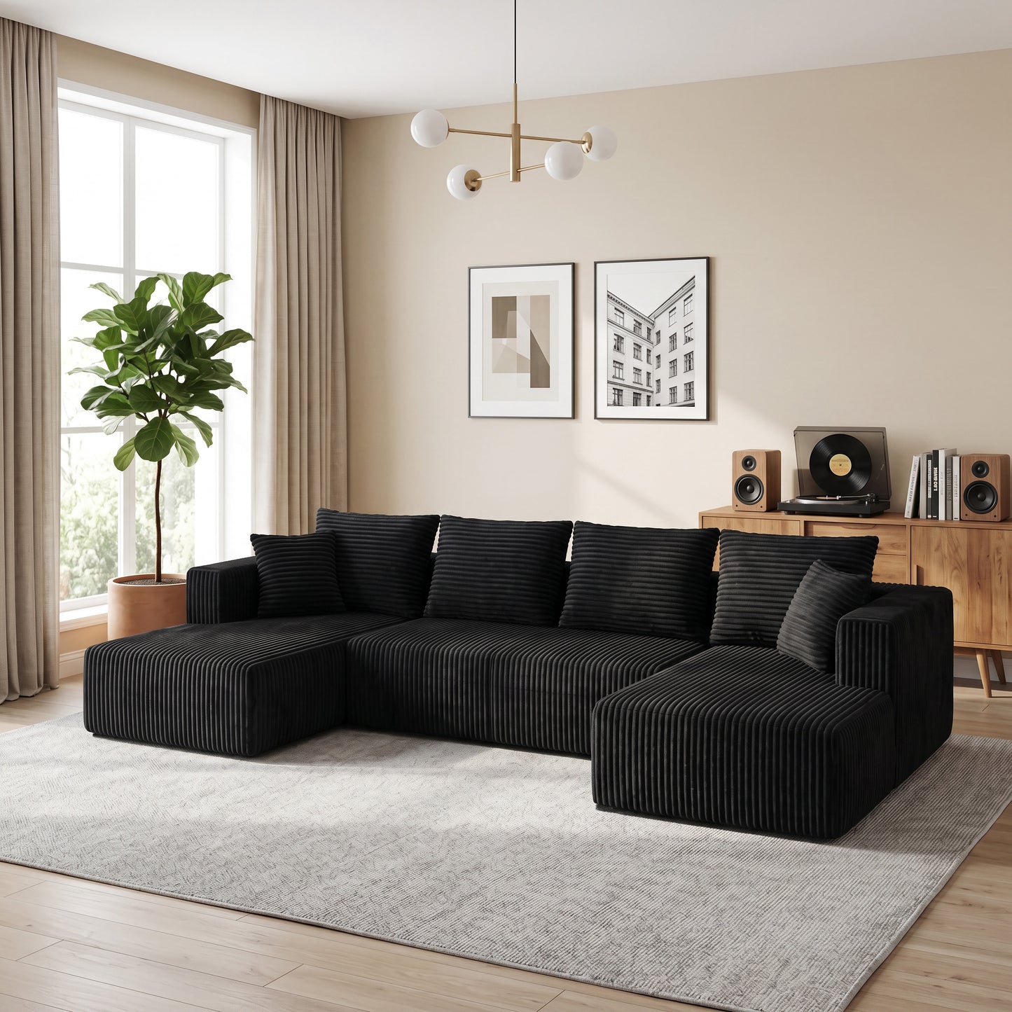 U-Shaped Corduroy Sectional Sofa - 130" Black for Living Room