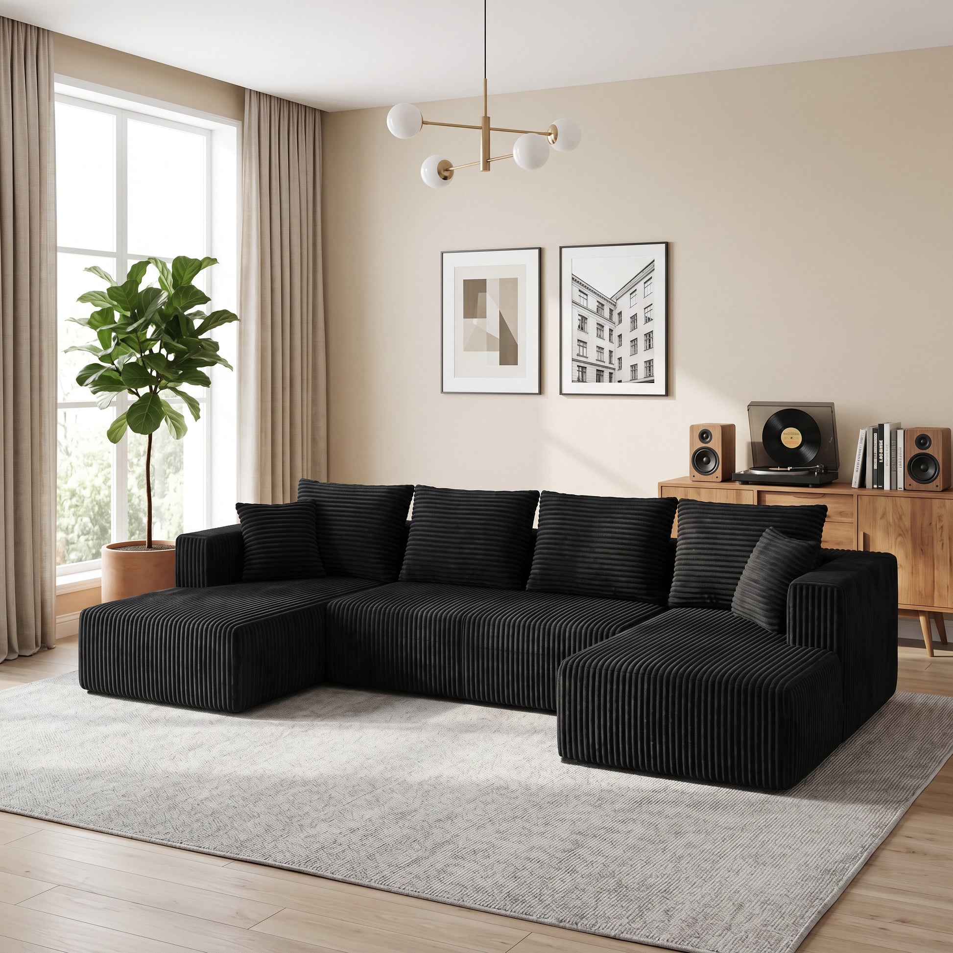 U-Shaped Corduroy Sectional Sofa - 130" Black for Living Room