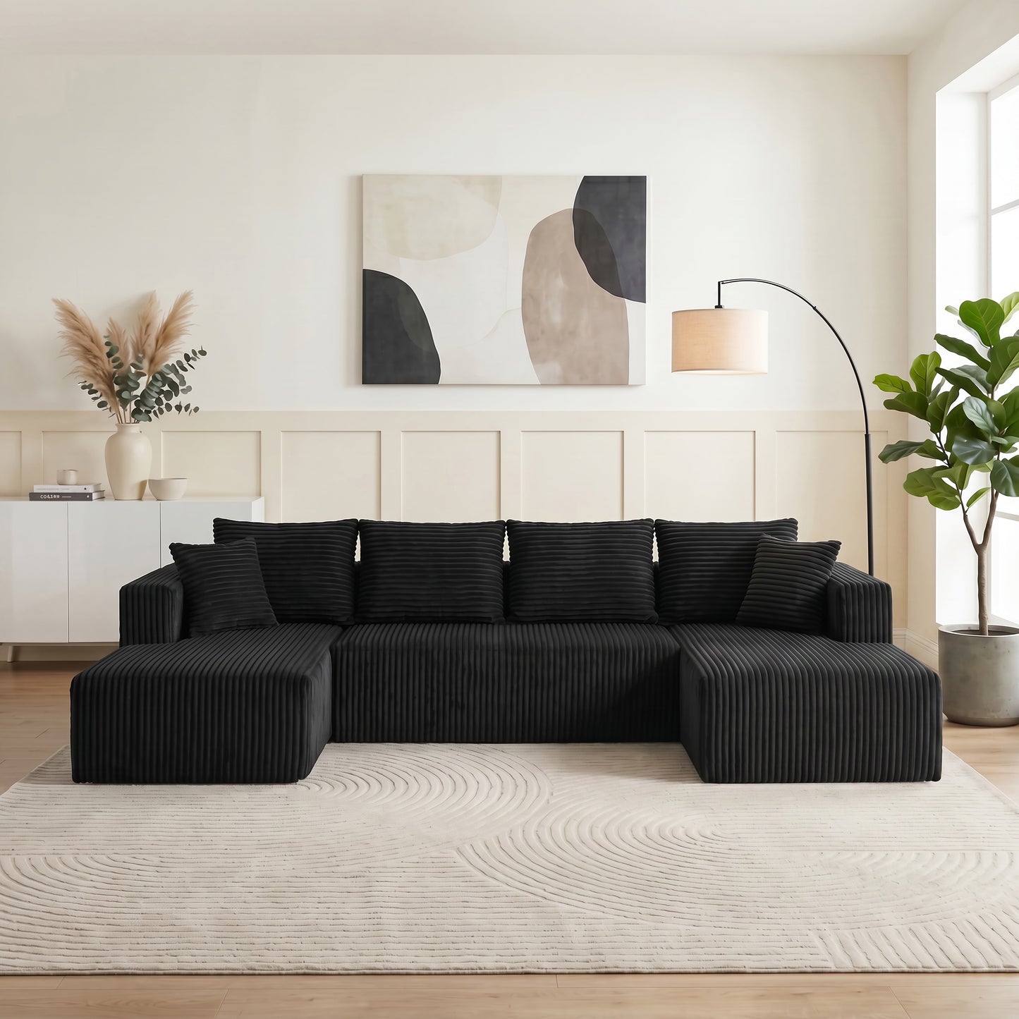 U-Shaped Corduroy Sectional Sofa - 130" Black for Living Room