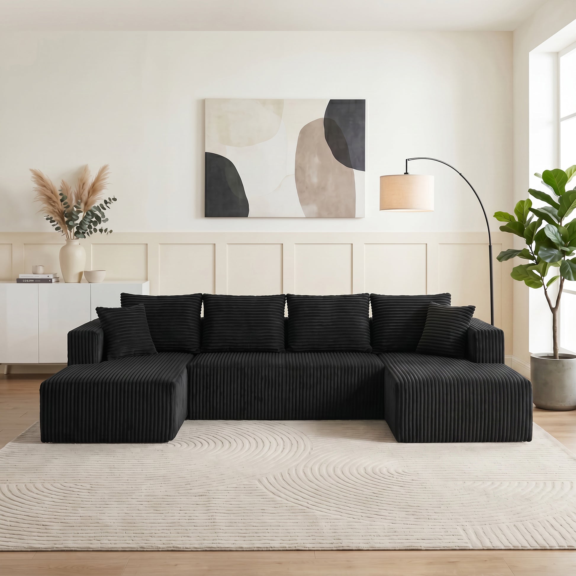 U-Shaped Corduroy Sectional Sofa - 130" Black for Living Room