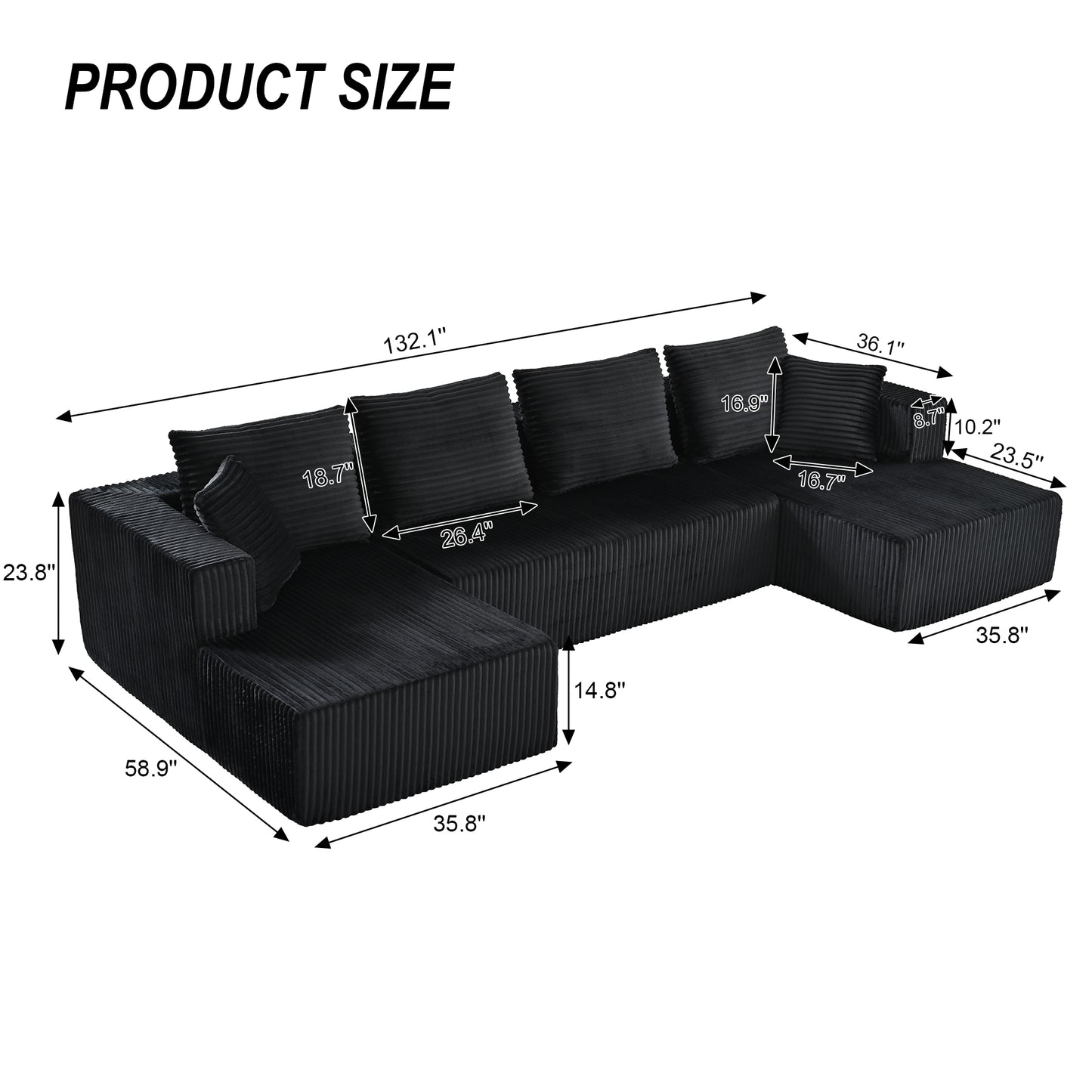 U-Shaped Corduroy Sectional Sofa - 130" Black for Living Room