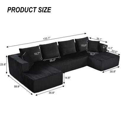 U-Shaped Corduroy Sectional Sofa - 130" Black for Living Room