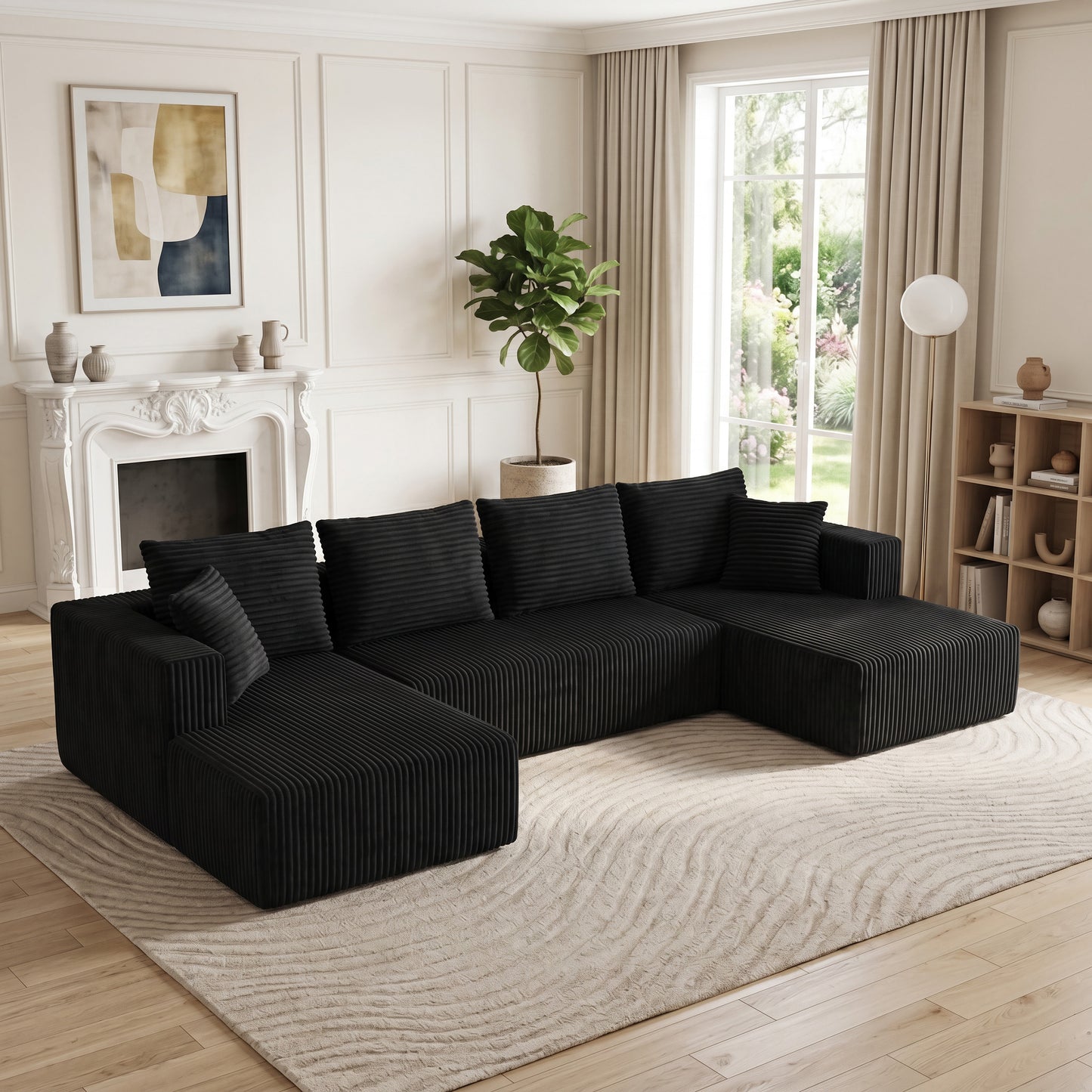 132.1 Inch Modular Sectional Sofa, U-Shaped Corduroy Sofa Couch with Double Chaise, Oversized Deep Seat Cloud Couch for Living Room, Apartment, Black