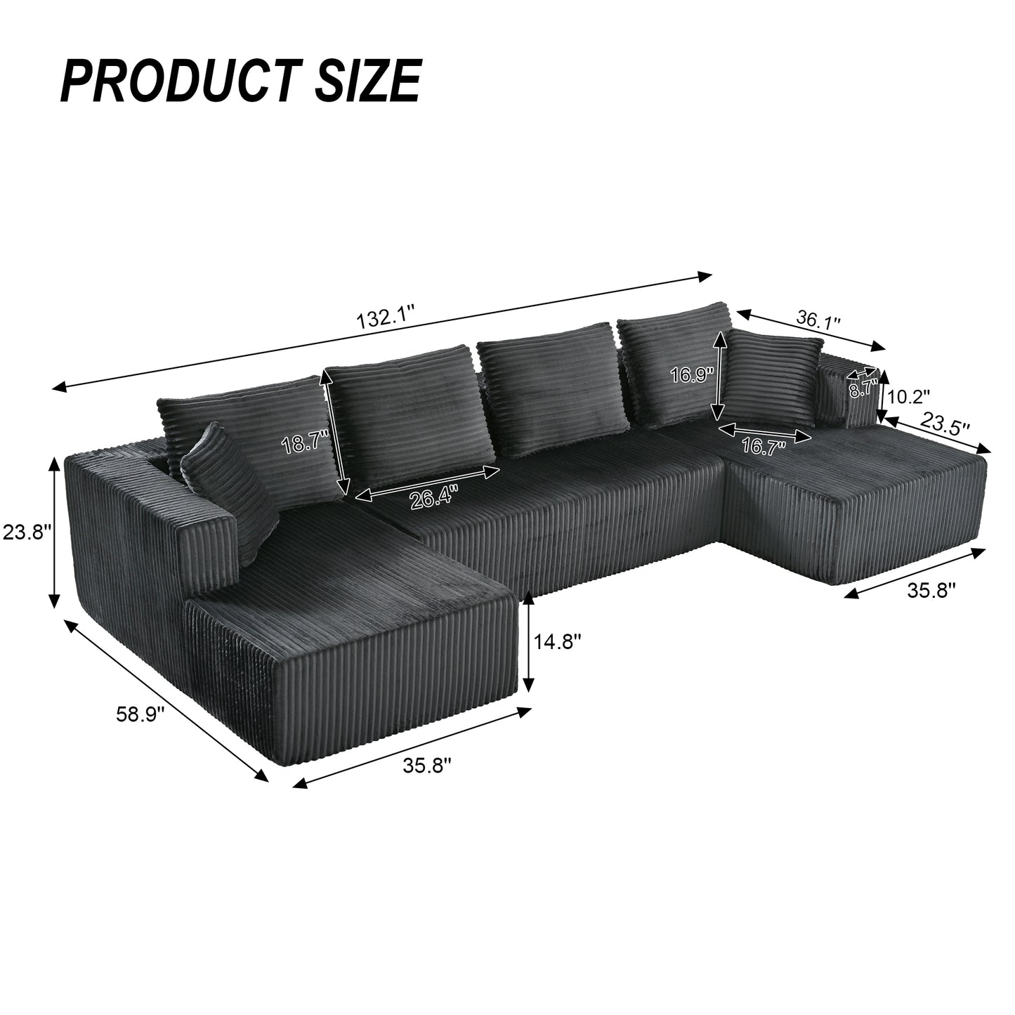 130" Gray Corduroy U-Shaped Sectional Sofa - American Design for Living Room