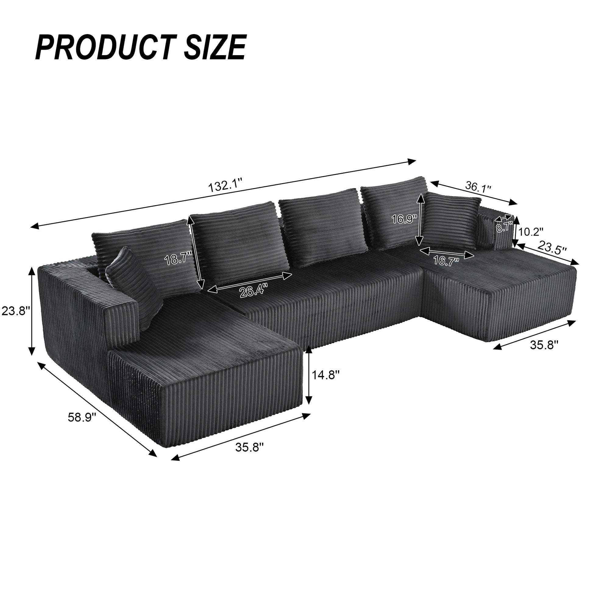 130" Gray Corduroy U-Shaped Sectional Sofa - American Design for Living Room