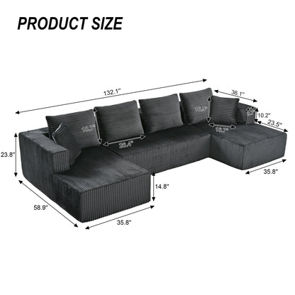 130" Gray Corduroy U-Shaped Sectional Sofa - American Design for Living Room