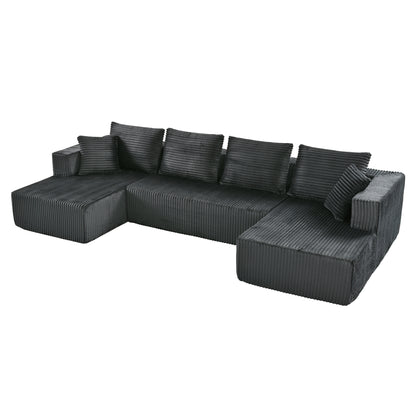 130" Gray Corduroy U-Shaped Sectional Sofa - American Design for Living Room