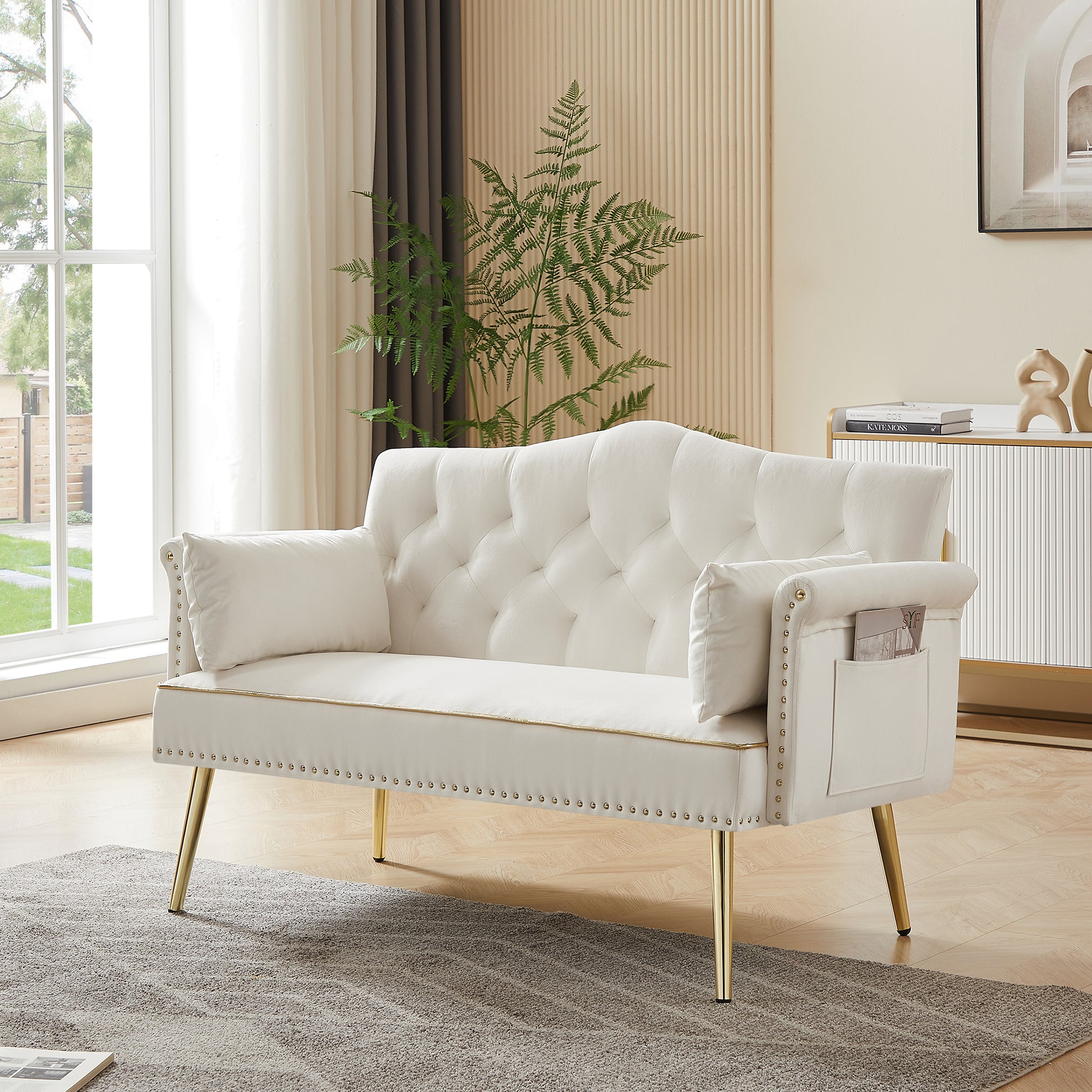 Cream White Velvet 2 Seat Sofa - Small Sofa for Living Room