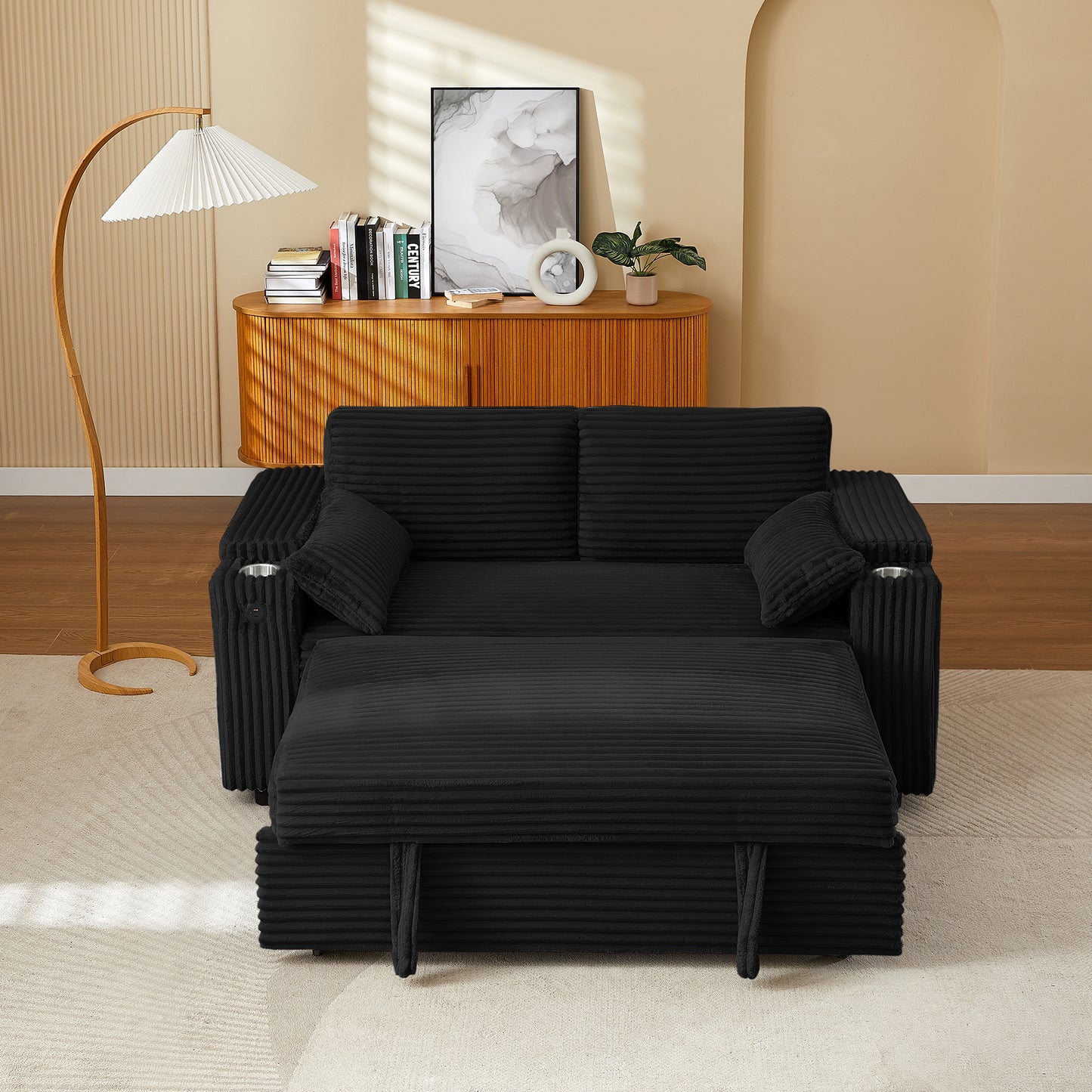 Black Loveseat Sleeper Sofa with Storage Armrest ,USB Port