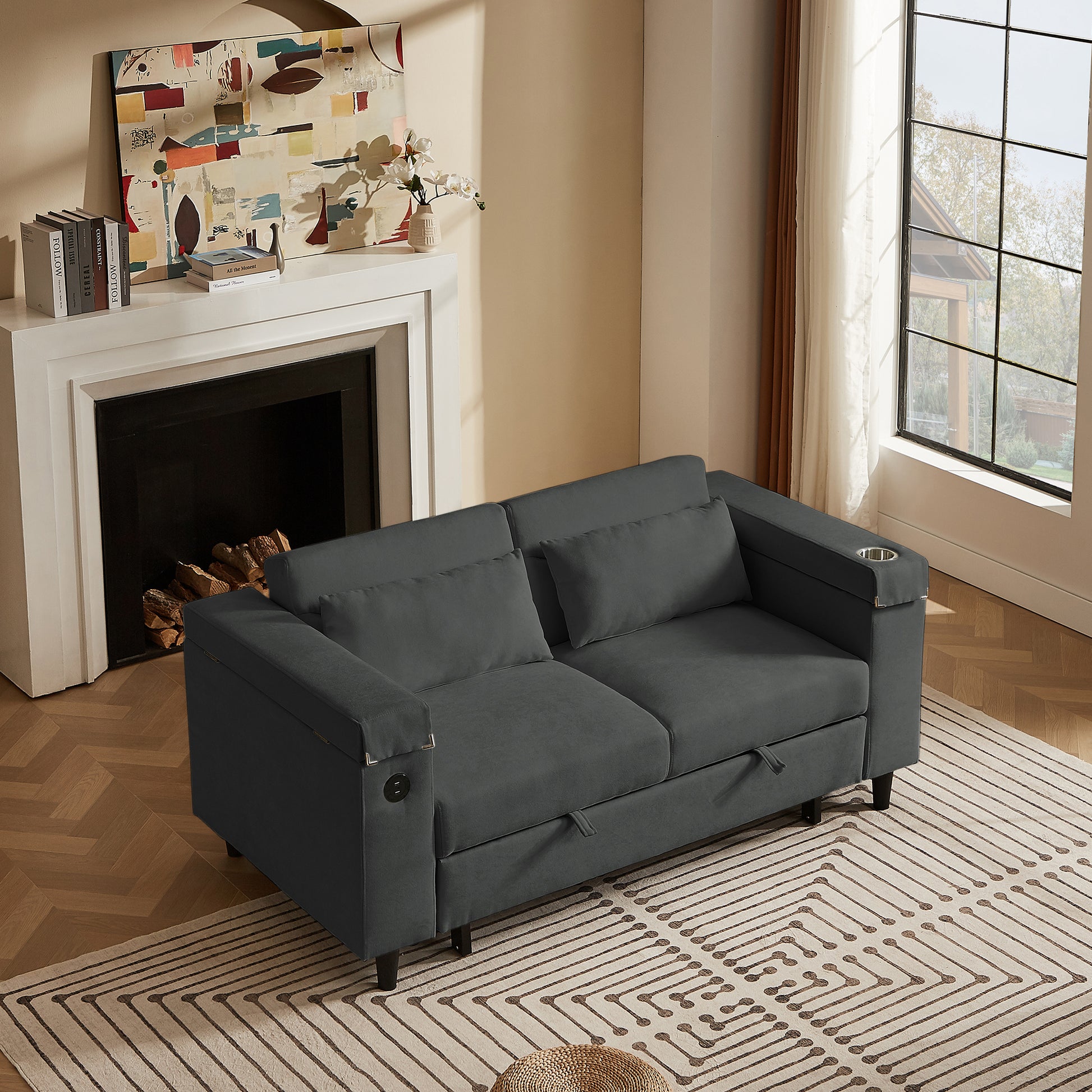 Dark Gray Sofa Bed with Storage & USB - 2 Seats for Living Room