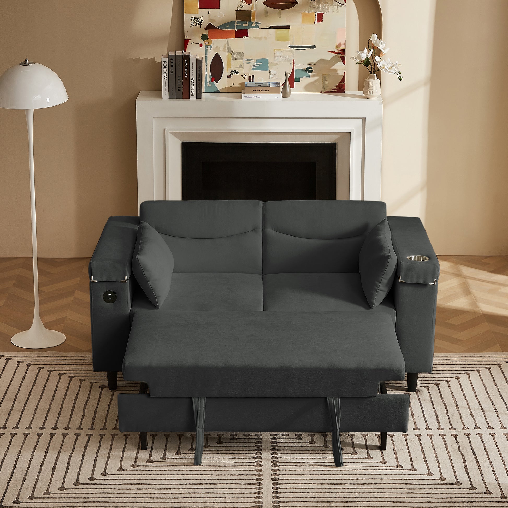 Dark Gray Sofa Bed with Storage & USB - 2 Seats for Living Room