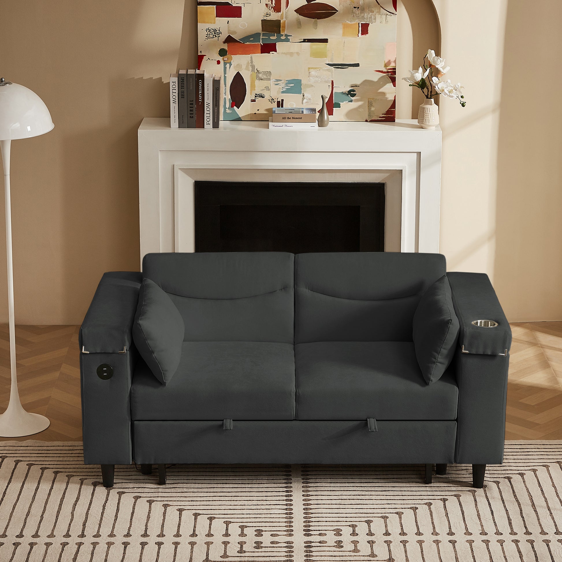Dark Gray Sofa Bed with Storage & USB - 2 Seats for Living Room