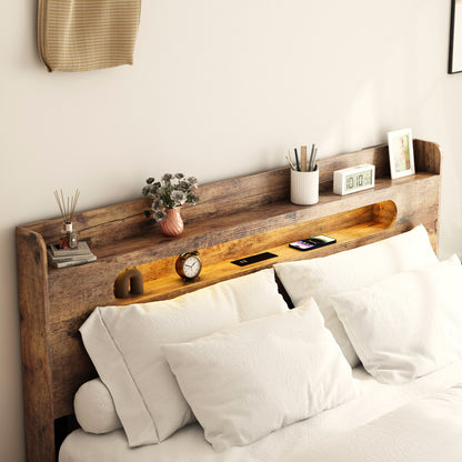 King Size Dark Brown Wood Bed Frame with Storage Headboard