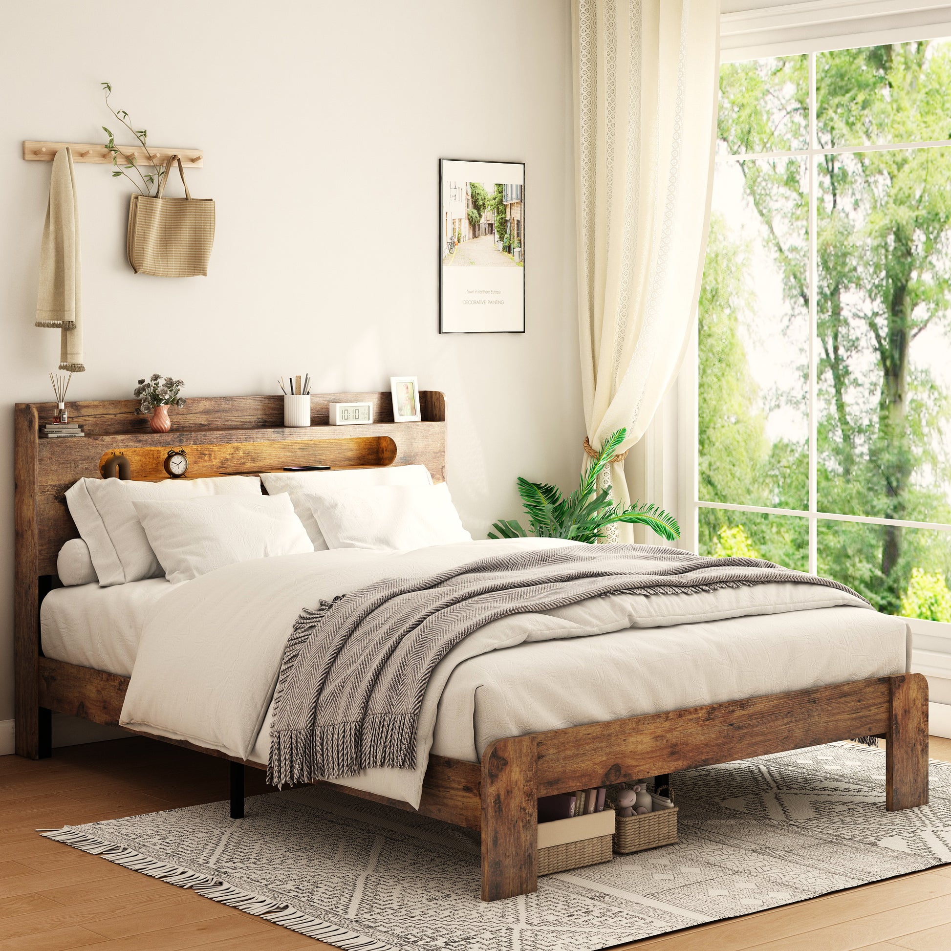 King Size Dark Brown Wood Bed Frame with Storage Headboard