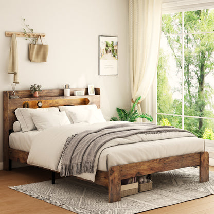 King Size Dark Brown Wood Bed Frame with Storage Headboard