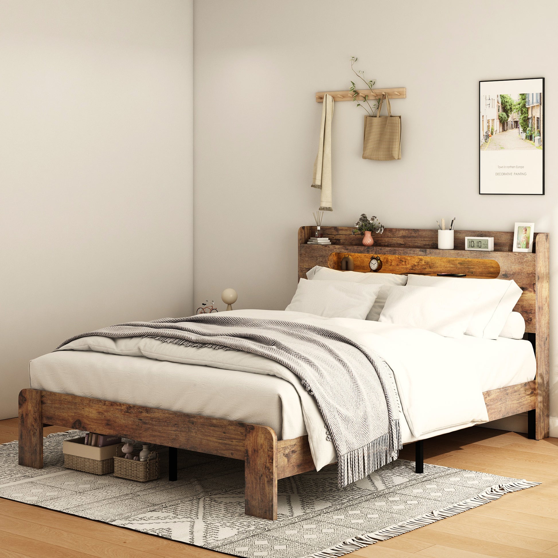 King Size Dark Brown Wood Bed Frame with Storage Headboard