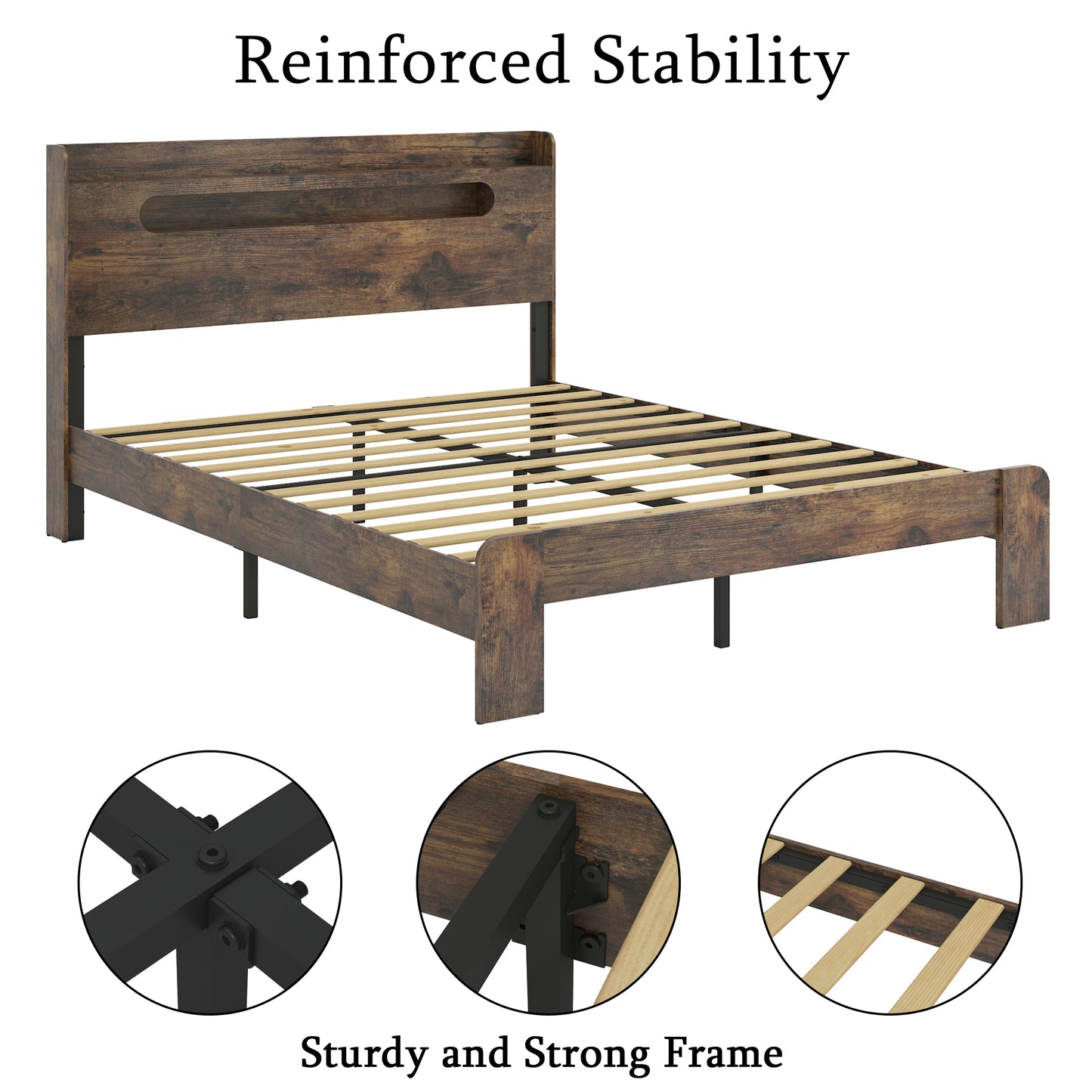 King Size Dark Brown Wood Bed Frame with Storage Headboard