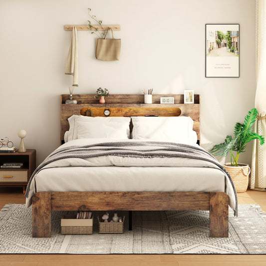 Bed Frame King Size, Wood Platform Bed Frame with Storage LED Light Headboard and 2 USB , Noise Free,No Box Spring Needed and Easy Assembly Tool,Large Under Bed Storage,Dark Brown