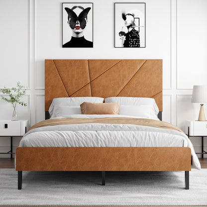 Full size metal bed frame, square platform bed with under-bed storage, no spring-loaded mattress required, vintage brown