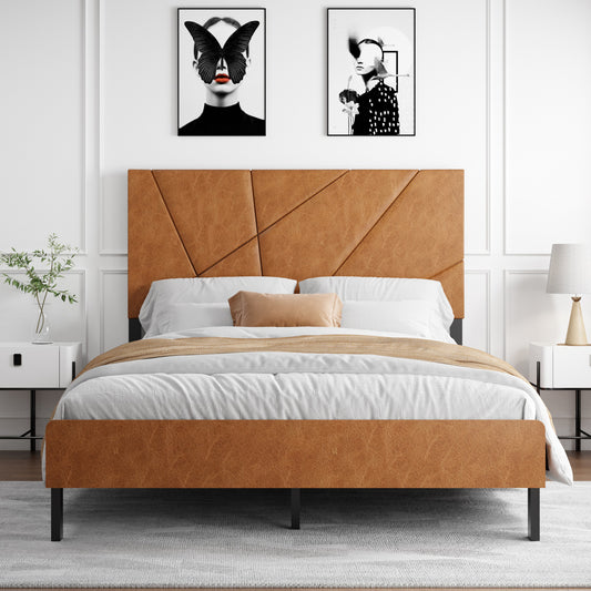Full size metal bed frame, square platform bed with under-bed storage, no spring-loaded mattress required, vintage brown