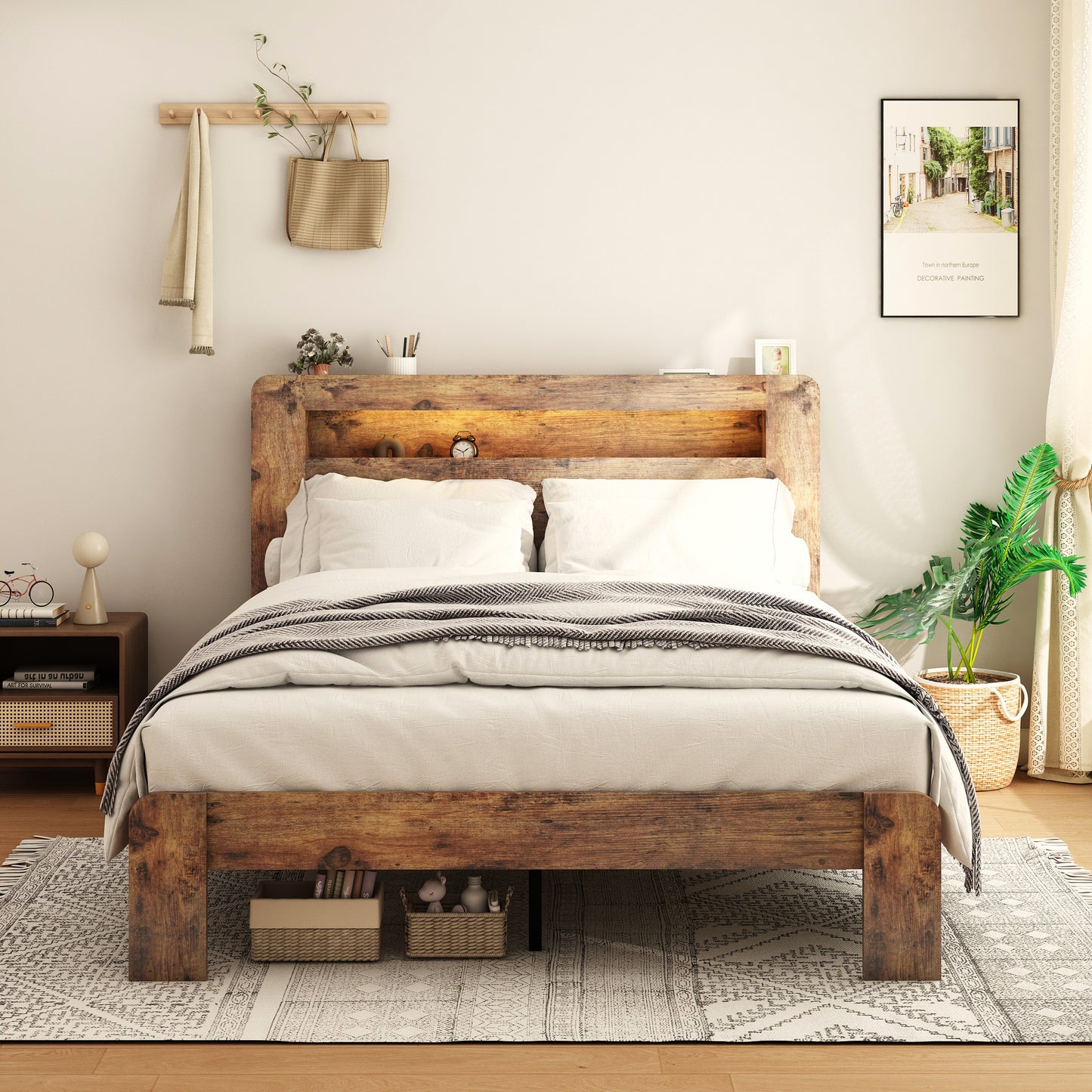 King Size Dark Brown Metal Wood Bed Frame with Storage Headboard for Bedroom