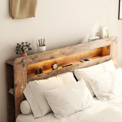 King Size Dark Brown Metal Wood Bed Frame with Storage Headboard for Bedroom