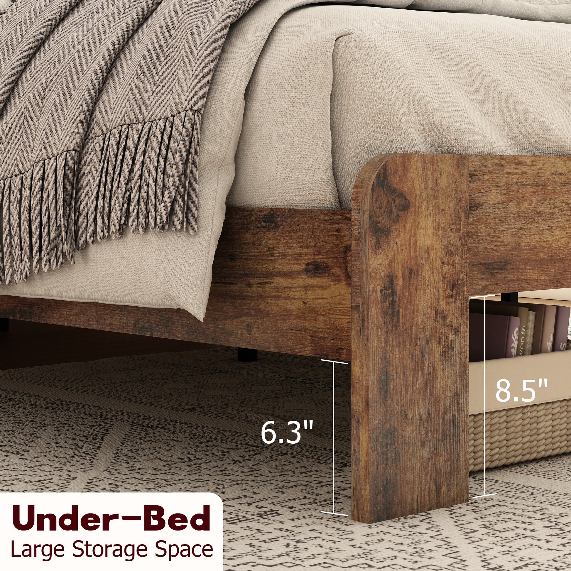 King Size Dark Brown Metal Wood Bed Frame with Storage Headboard for Bedroom