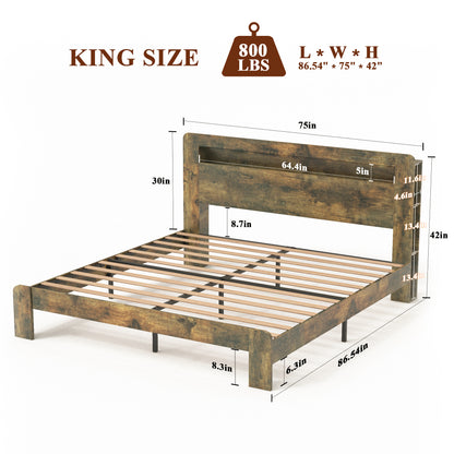 King Size Dark Brown Metal Wood Bed Frame with Storage Headboard for Bedroom