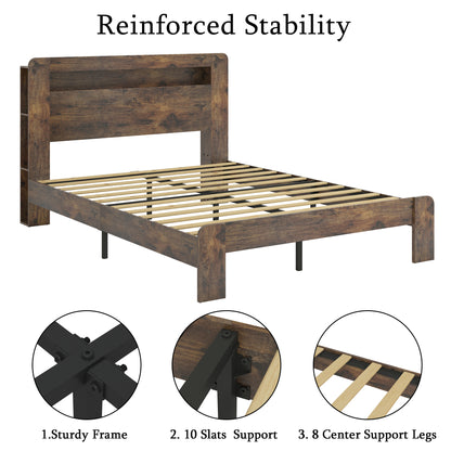 King Size Dark Brown Metal Wood Bed Frame with Storage Headboard for Bedroom