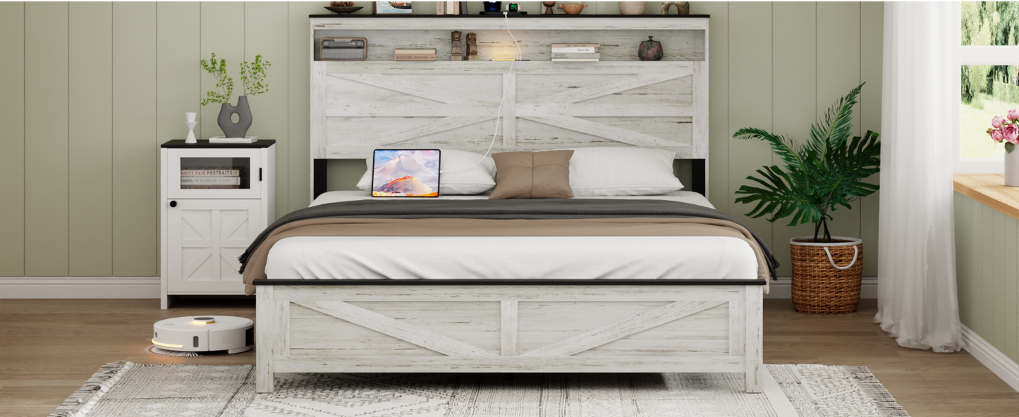 Full Metal Bed Frame - Antique White+Gray for Bedroom