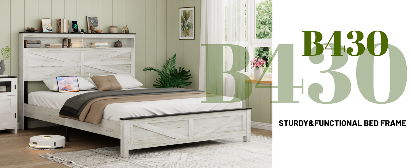 Full Metal Bed Frame - Antique White+Gray for Bedroom