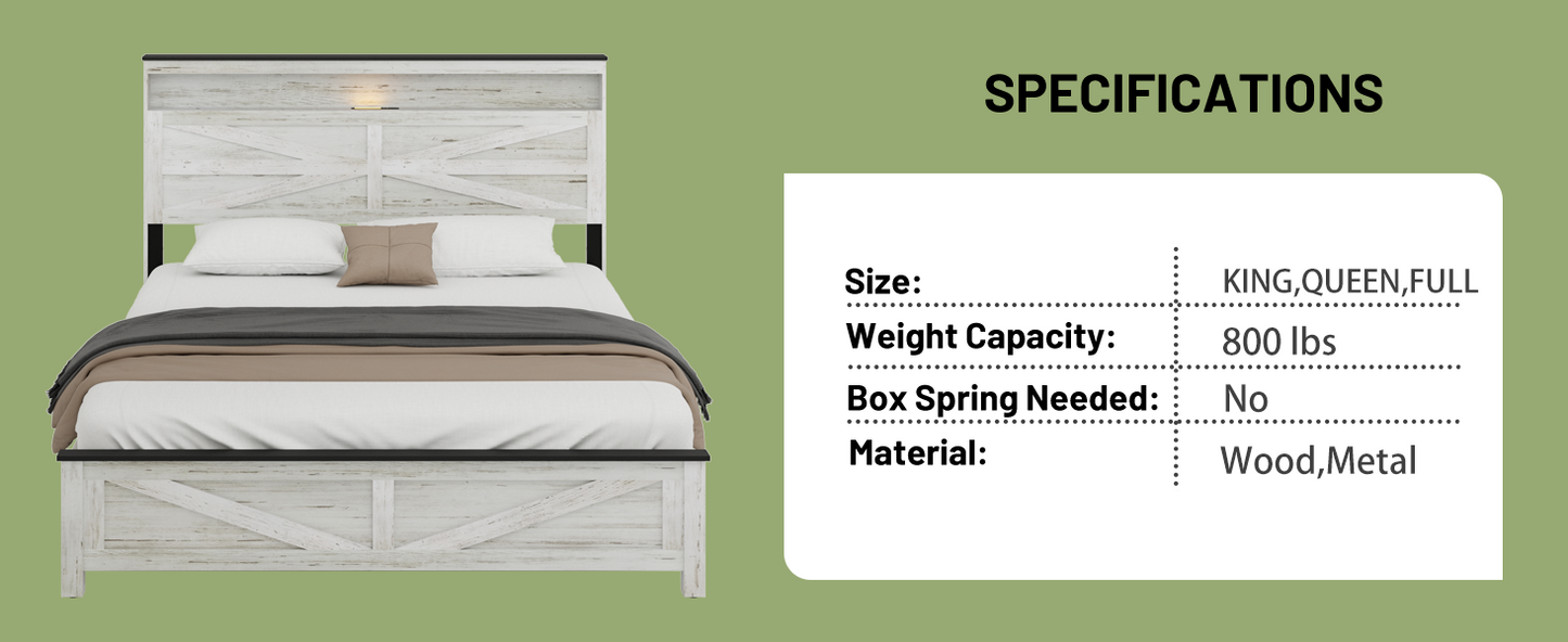 Full Metal Bed Frame - Antique White+Gray for Bedroom