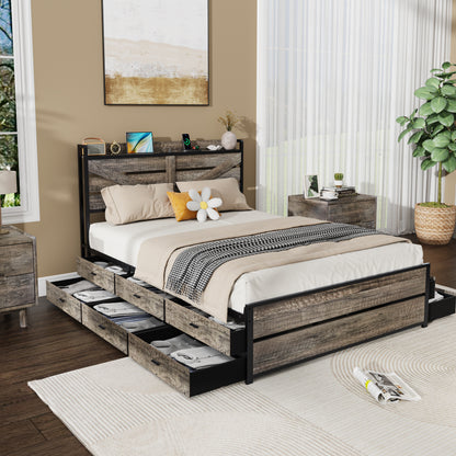 Queen Bed Frame with Storage Headboard and 12 Drawers , Metal Platform Non-Slip Without Noise Mattress Foundation Strong Metal Slats Support,No Box Spring Needed