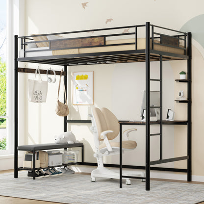 Twin size loft bed frame with storage. Easy to assemble. The slats are securely fastened to the metal frame with a buckle design and no springs are required.