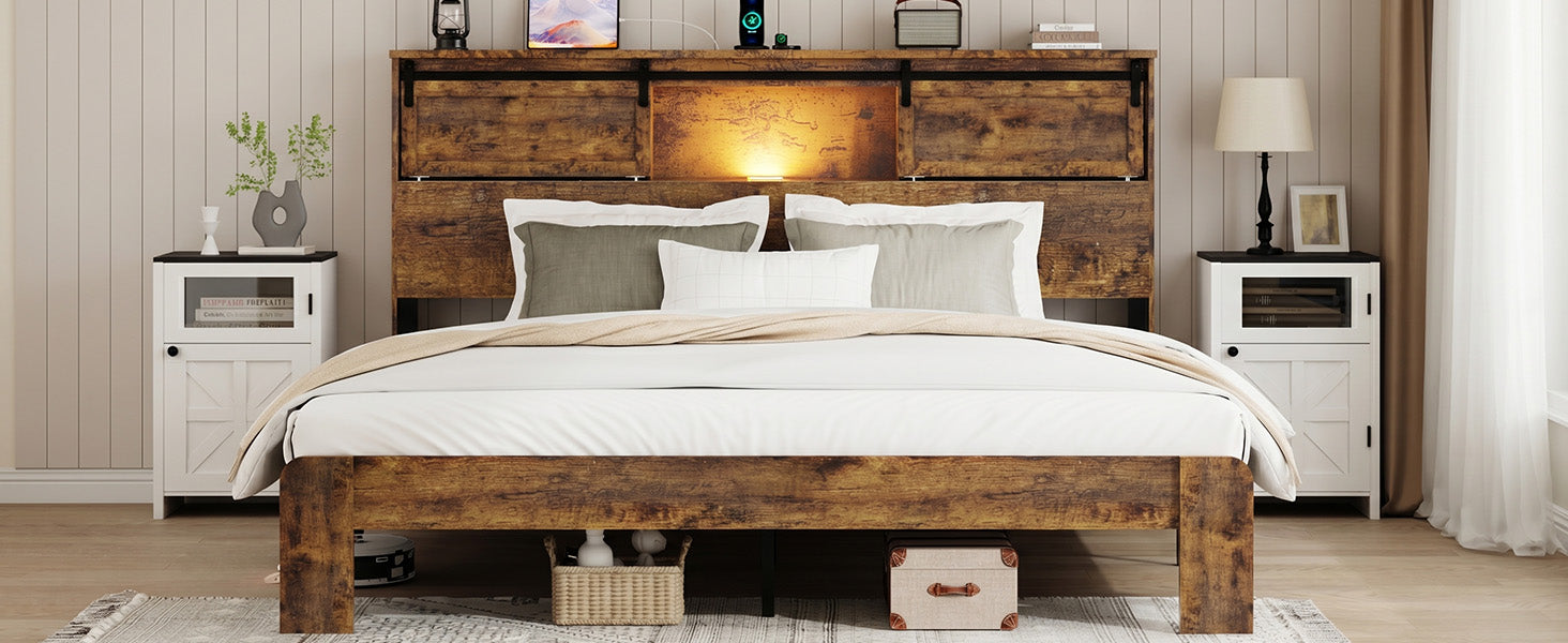 Queen Bed Frame Dark Brown No Box Spring Storage Headboard