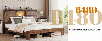 Queen Bed Frame Dark Brown No Box Spring Storage Headboard