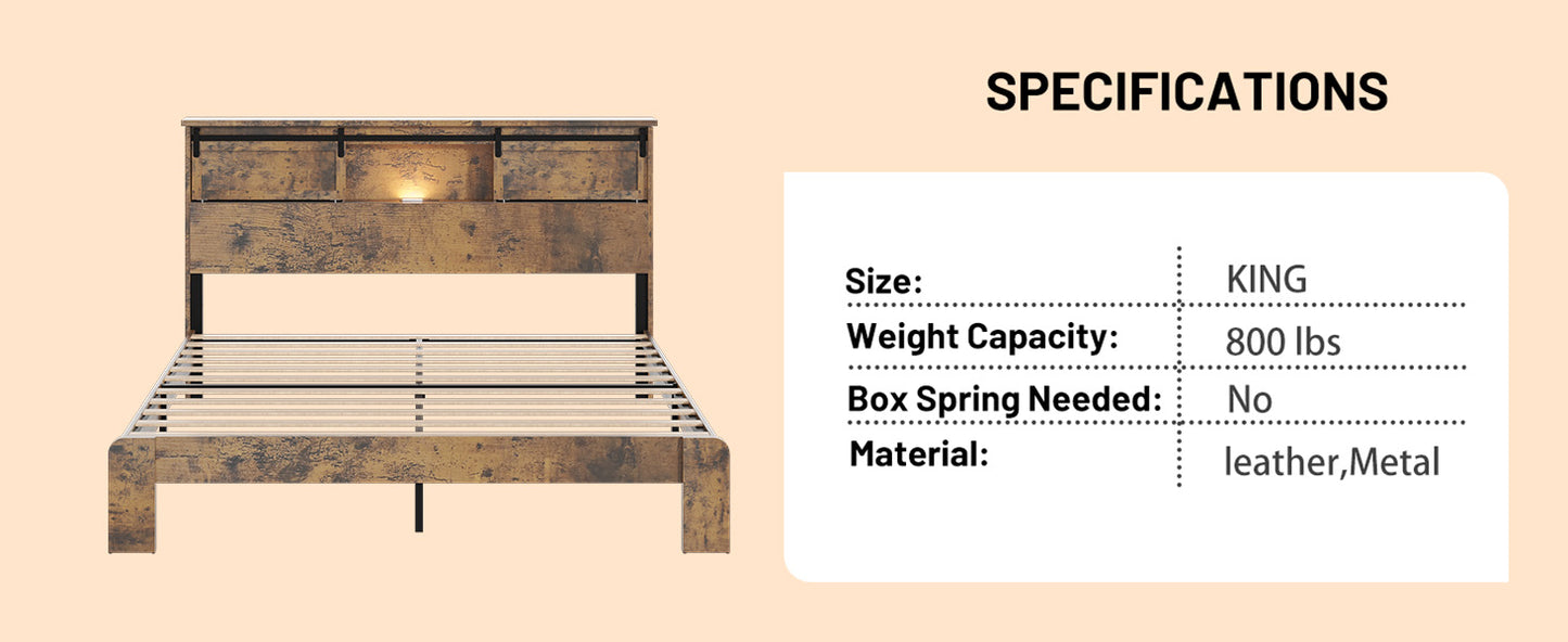 Queen Bed Frame Dark Brown No Box Spring Storage Headboard