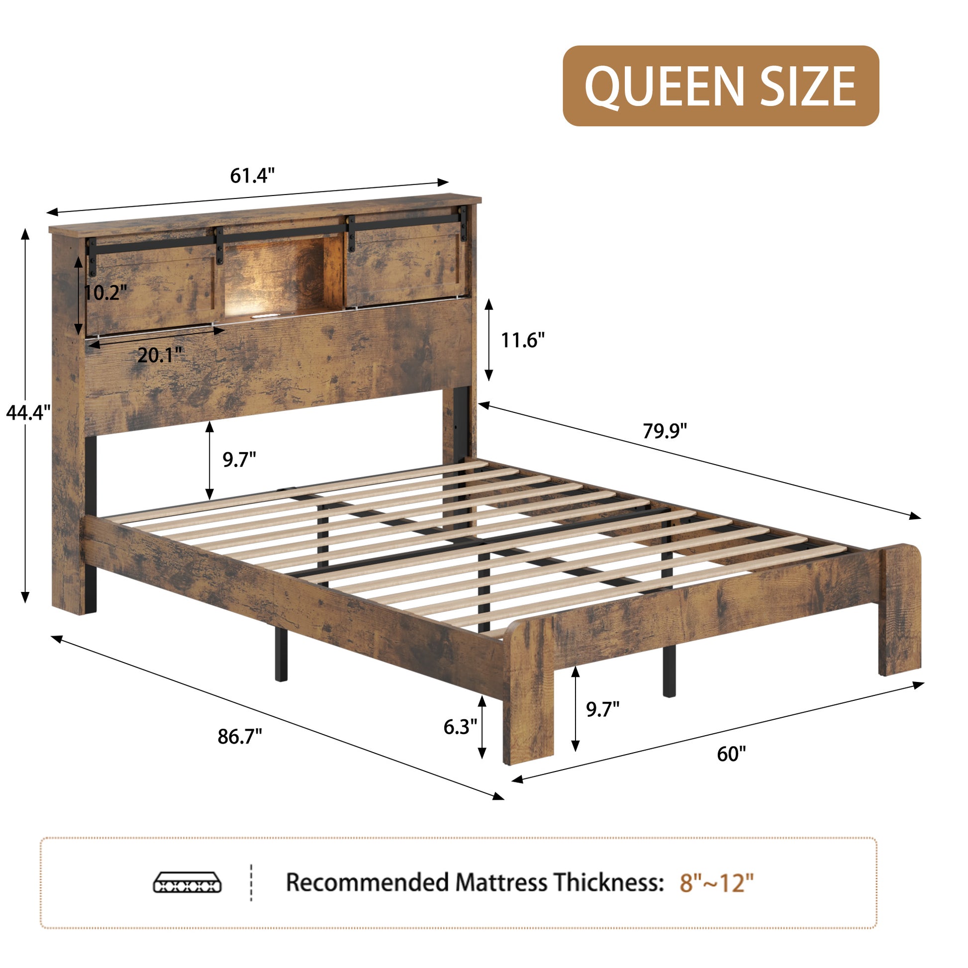 Queen Bed Frame Dark Brown No Box Spring Storage Headboard