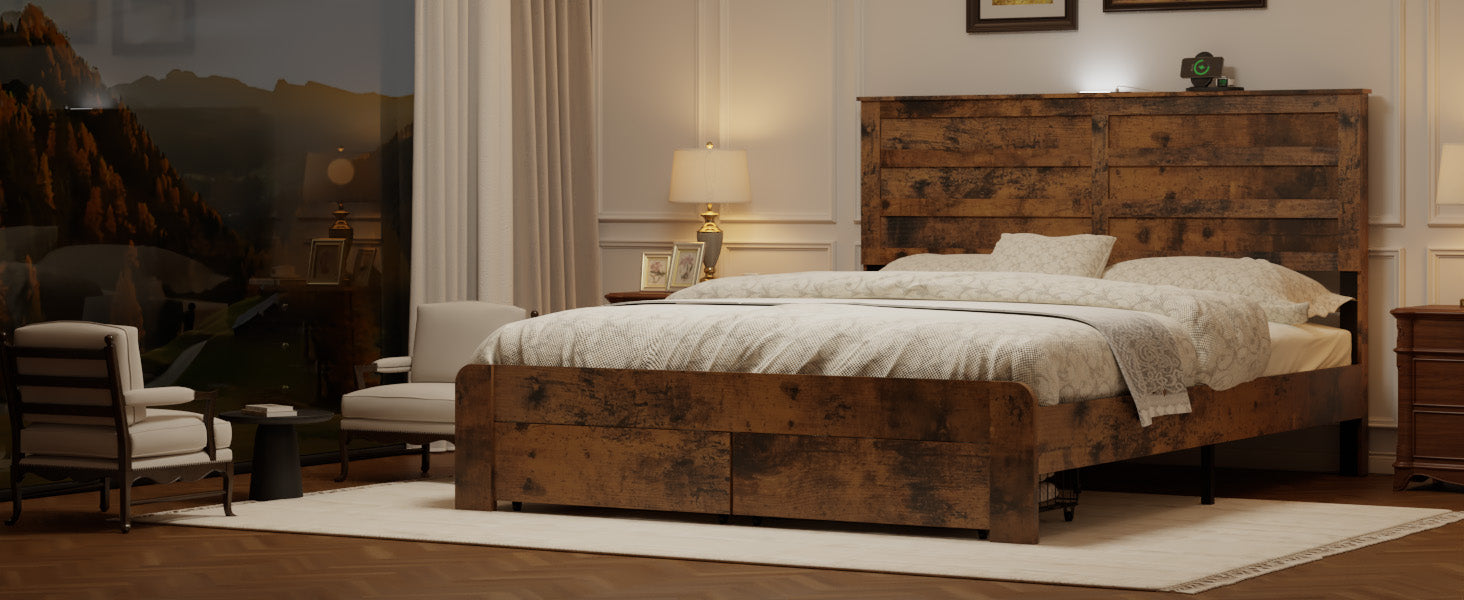 Dark Brown Full Bed Frame with Storage & USB Ports for Bedroom