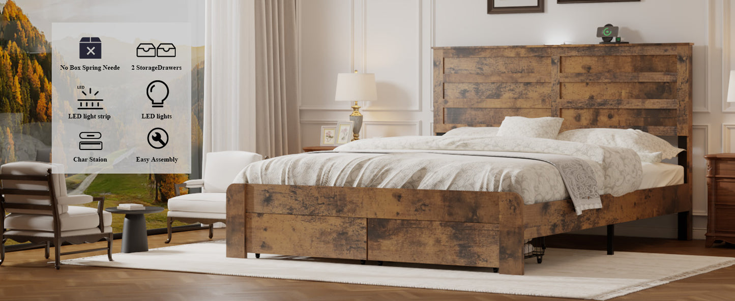 Dark Brown Full Bed Frame with Storage & USB Ports for Bedroom