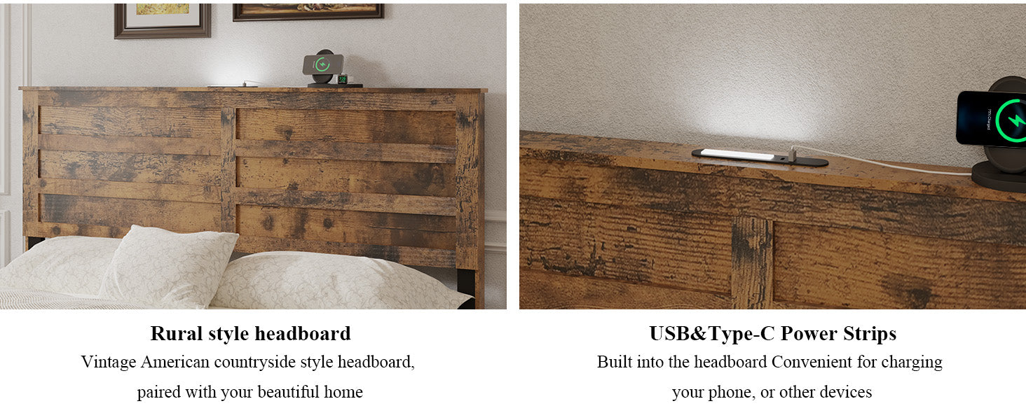 Dark Brown Full Bed Frame with Storage & USB Ports for Bedroom