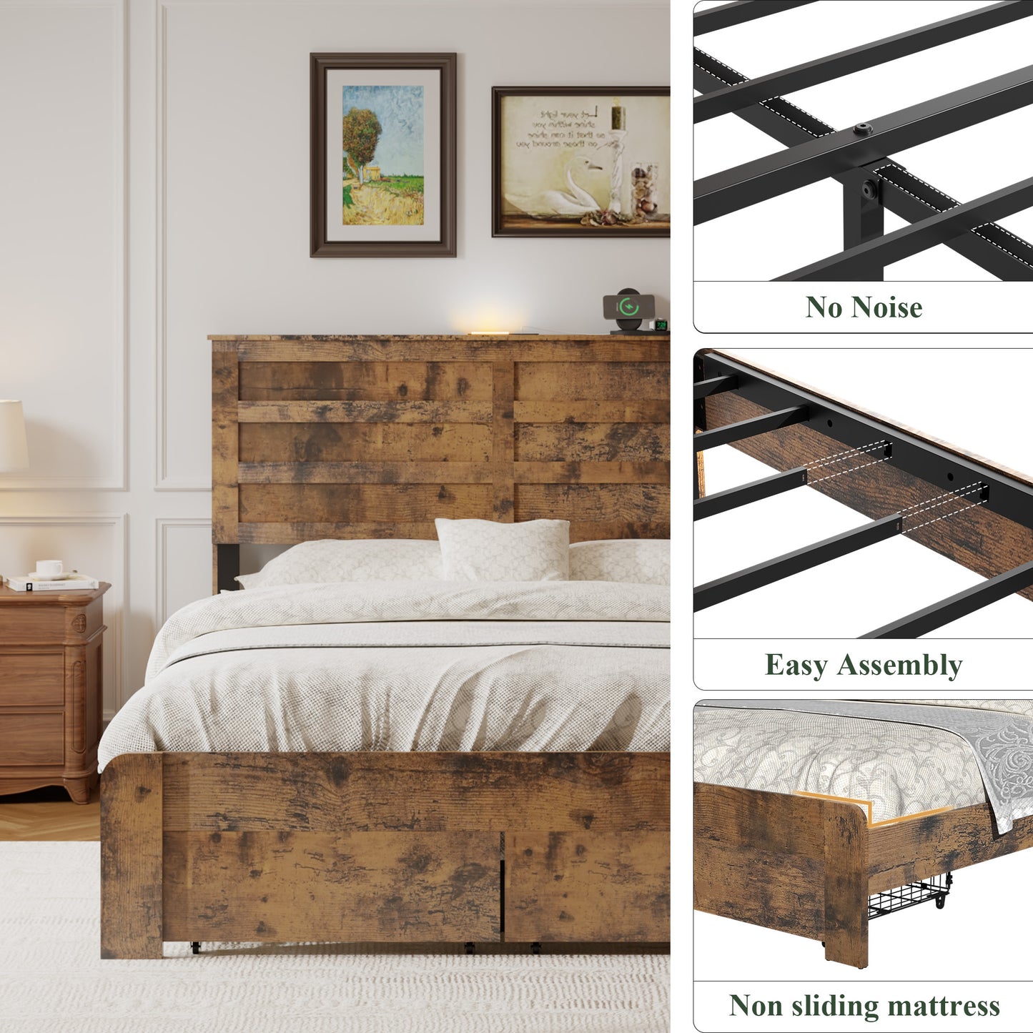 Dark Brown Full Bed Frame with Storage & USB Ports for Bedroom