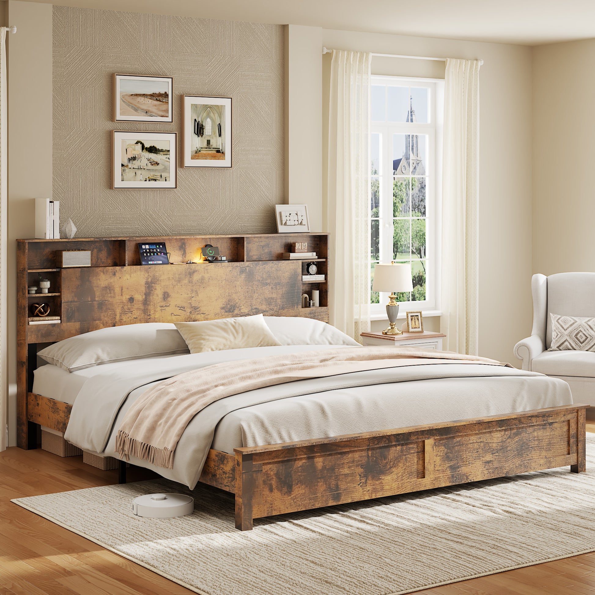King Size Bed Frame with Storage Headboard - Dark Brown