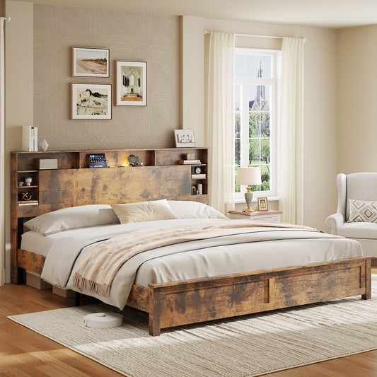 King Size Bed Frame with Storage Headboard - Dark Brown