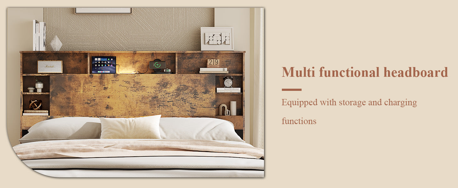 King Size Bed Frame with Storage Headboard - Dark Brown