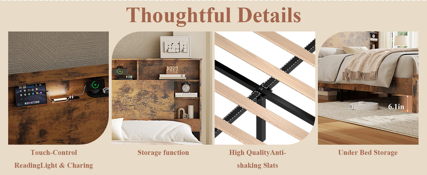 King Size Bed Frame with Storage Headboard - Dark Brown