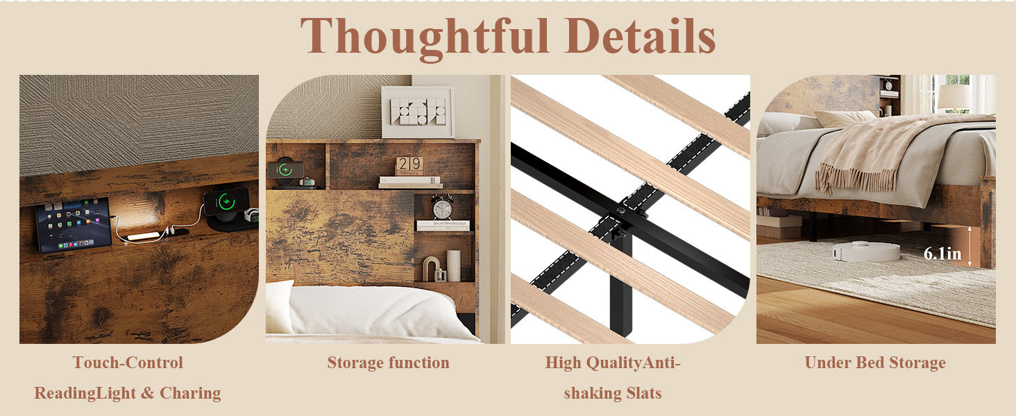 King Size Bed Frame with Storage Headboard - Dark Brown
