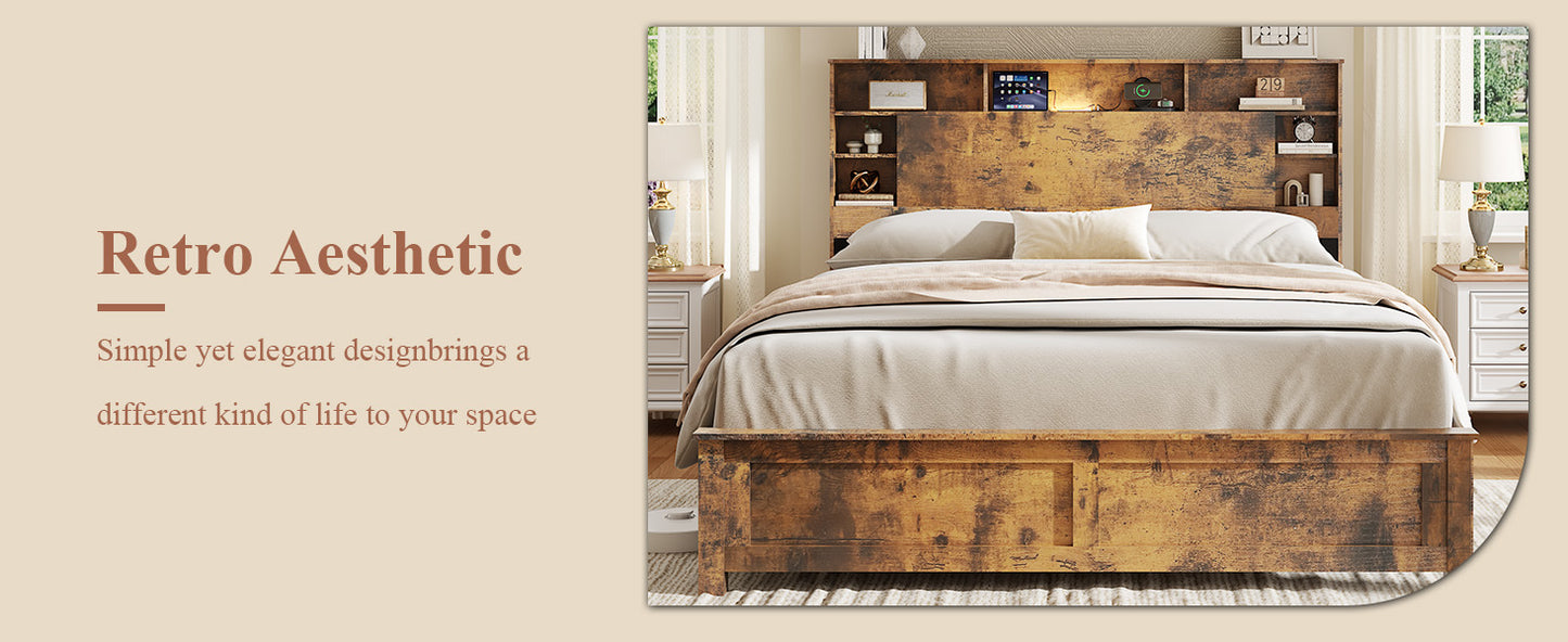 King Size Bed Frame with Storage Headboard - Dark Brown