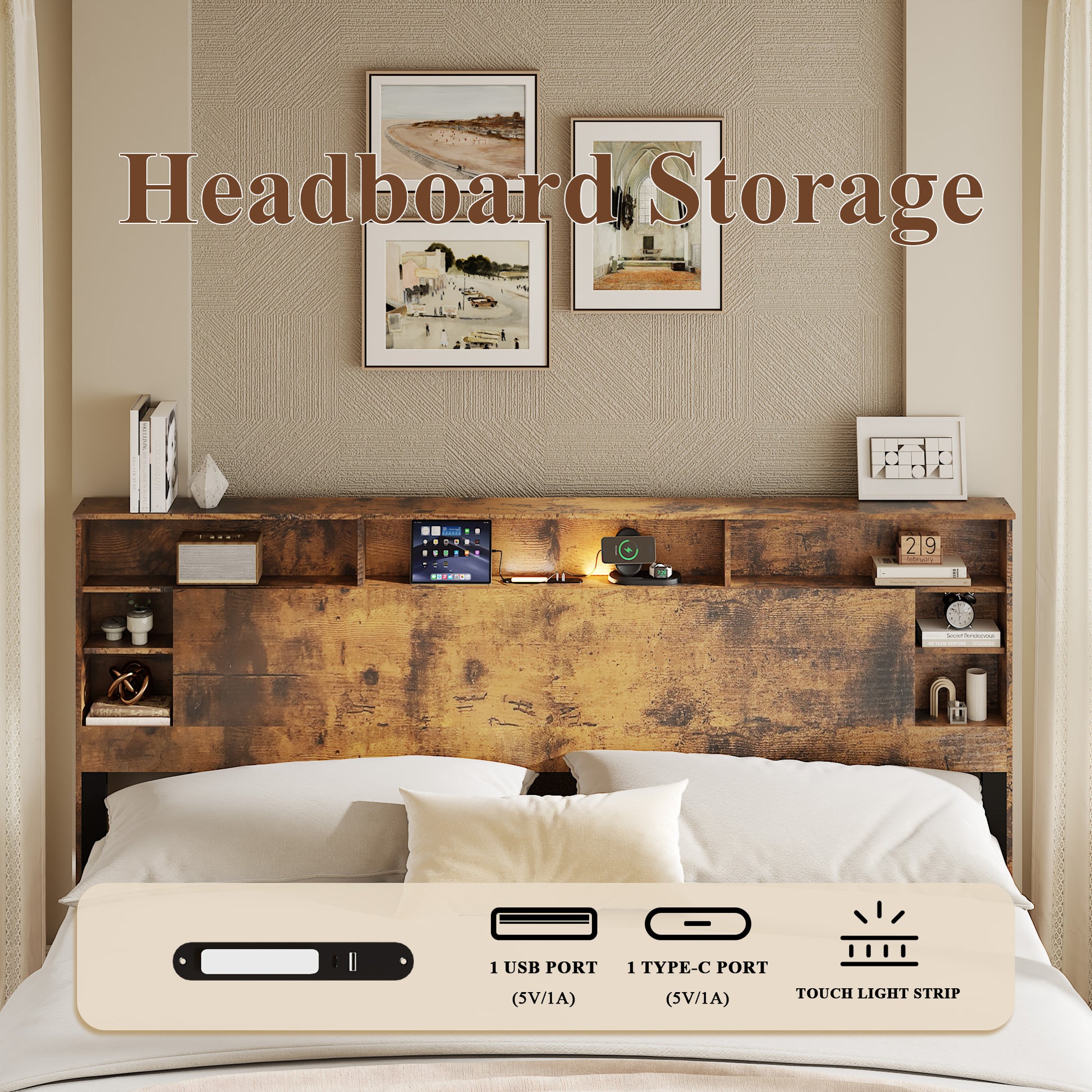 King Size Bed Frame with Storage Headboard - Dark Brown